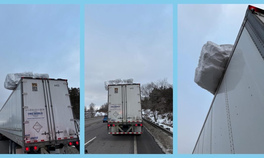 Truck driver charged after Ontario police spot big ice block on trailer roof