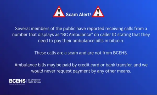 B.C. Emergency Health Services phone number spoofed in bitcoin scam