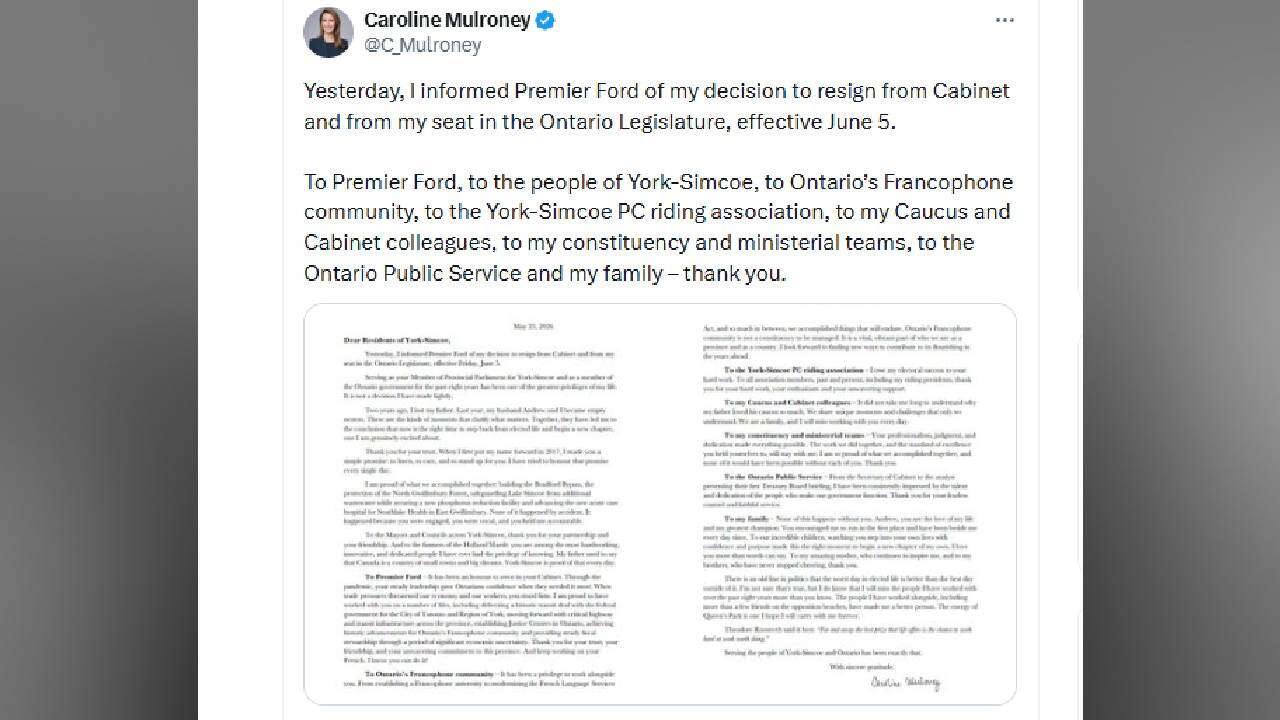 Caroline Mulroney announces resignation from her seat in Ontarion legislature
